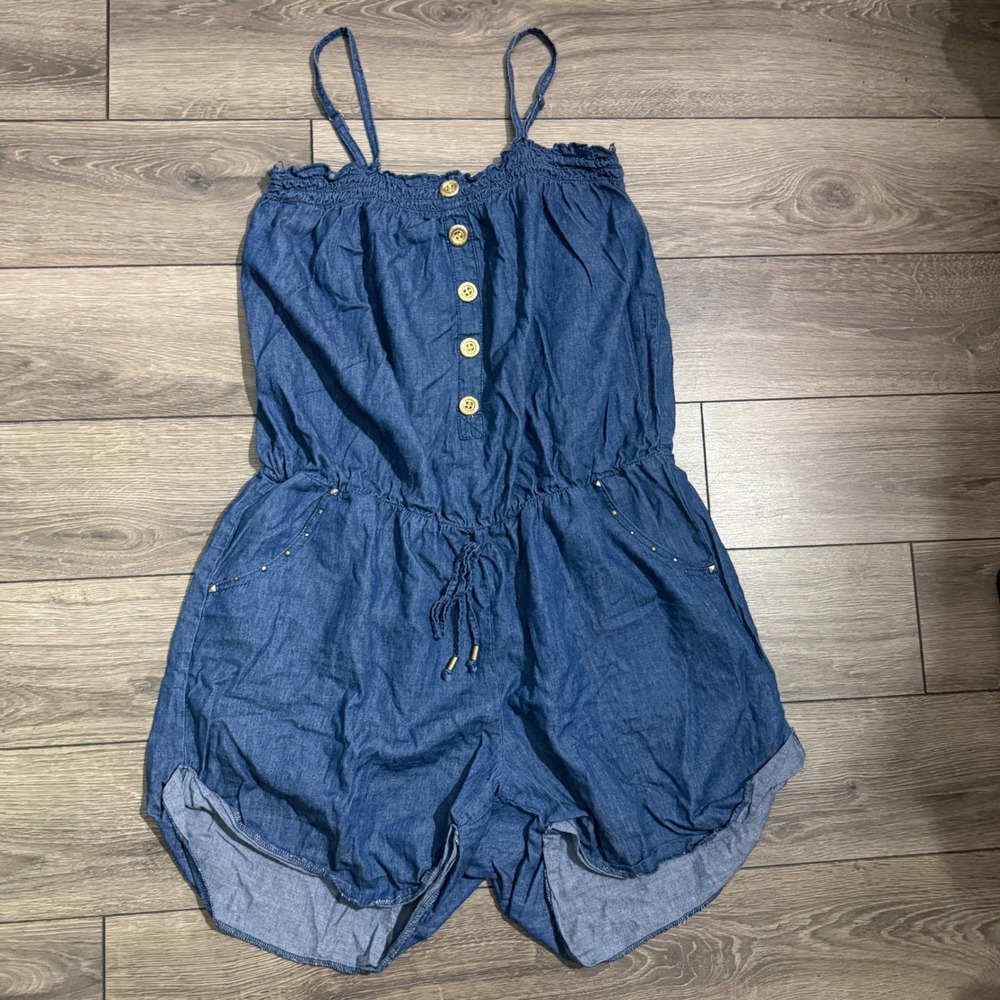 Vintage Rocawear Y2K Denim Romper Blue Chambray Studded Pockets Womens 2X